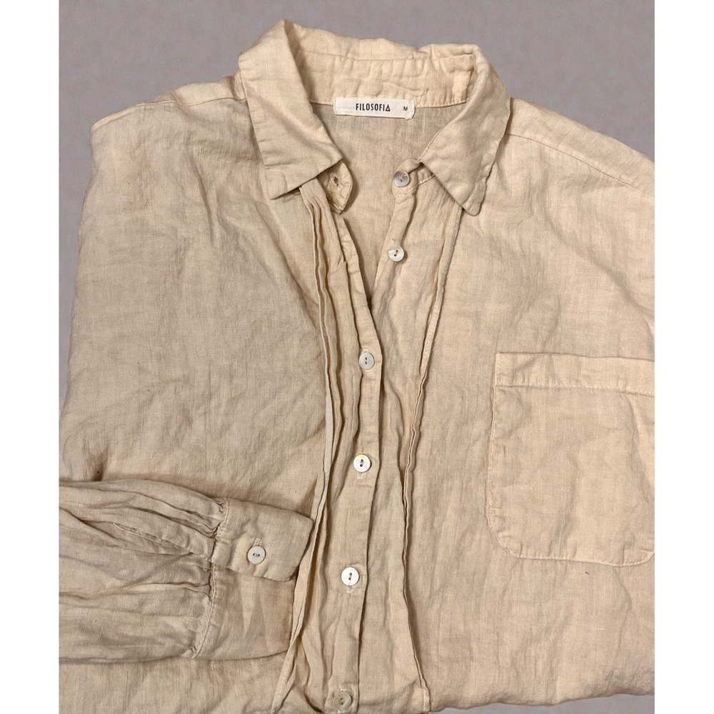 Filosofía Linen Top Size Medium Beige Button Up Long Boyfriend Fit